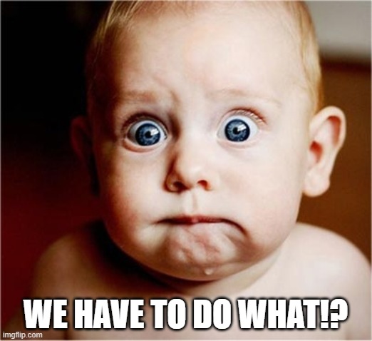 What?! | WE HAVE TO DO WHAT!? | image tagged in anxious baby | made w/ Imgflip meme maker