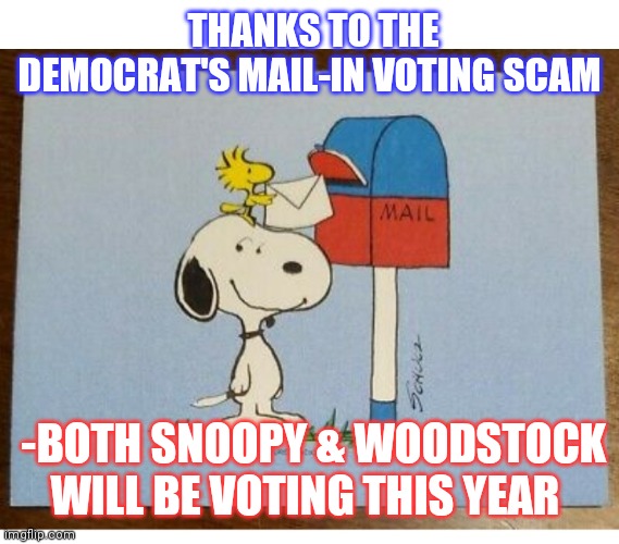 I hope they're Republicans | THANKS TO THE DEMOCRAT'S MAIL-IN VOTING SCAM; -BOTH SNOOPY & WOODSTOCK WILL BE VOTING THIS YEAR | image tagged in democrats,voting booth,scam,liberal hypocrisy,fakenews | made w/ Imgflip meme maker