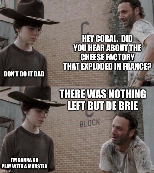 Rick and Carl Meme | HEY CORAL.  DID YOU HEAR ABOUT THE CHEESE FACTORY THAT EXPLODED IN FRANCE? DON’T DO IT DAD; THERE WAS NOTHING LEFT BUT DE BRIE; I’M GONNA GO PLAY WITH A MUNSTER | image tagged in memes,rick and carl | made w/ Imgflip meme maker
