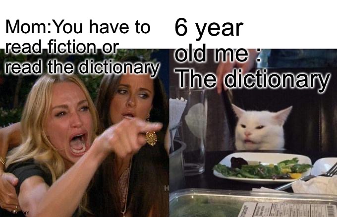Woman Yelling At Cat | Mom:You have to read fiction or read the dictionary; 6 year old me : The dictionary | image tagged in memes,woman yelling at cat,parents | made w/ Imgflip meme maker