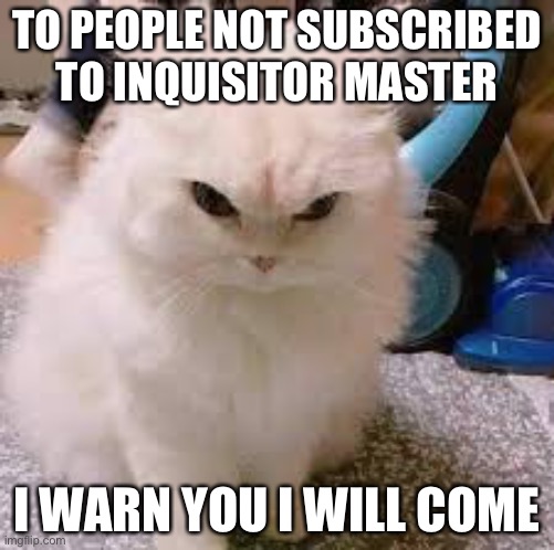 angry cat | TO PEOPLE NOT SUBSCRIBED TO INQUISITOR MASTER; I WARN YOU I WILL COME | image tagged in angry cat | made w/ Imgflip meme maker