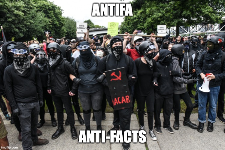 Antifa=Anti-facts | ANTIFA; ANTI-FACTS | image tagged in antifa,fascists,xunts,terrorists,politics | made w/ Imgflip meme maker