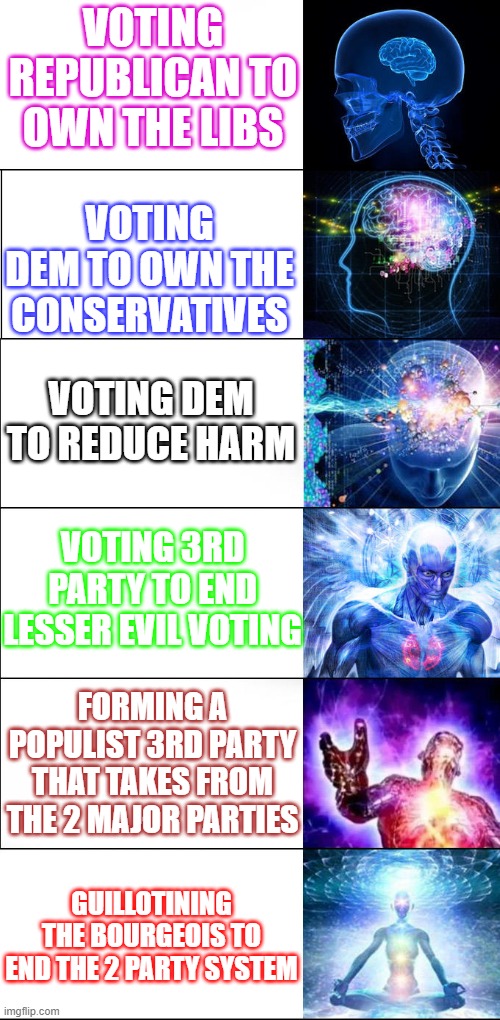 Two Party System | VOTING REPUBLICAN TO OWN THE LIBS; VOTING DEM TO OWN THE CONSERVATIVES; VOTING DEM TO REDUCE HARM; VOTING 3RD PARTY TO END LESSER EVIL VOTING; FORMING A POPULIST 3RD PARTY THAT TAKES FROM THE 2 MAJOR PARTIES; GUILLOTINING THE BOURGEOIS TO END THE 2 PARTY SYSTEM | image tagged in expanding brain | made w/ Imgflip meme maker