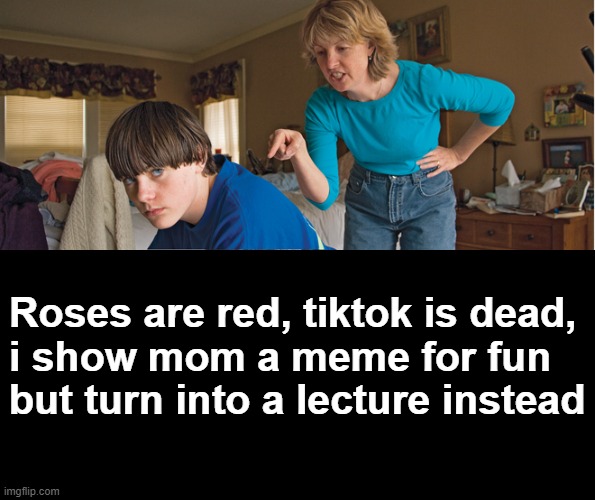 Angry Mom | Roses are red, tiktok is dead,
i show mom a meme for fun
but turn into a lecture instead | image tagged in angry mom | made w/ Imgflip meme maker