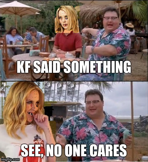 See nobody cares Kylie | KF SAID SOMETHING SEE, NO ONE CARES | image tagged in see nobody cares kylie | made w/ Imgflip meme maker