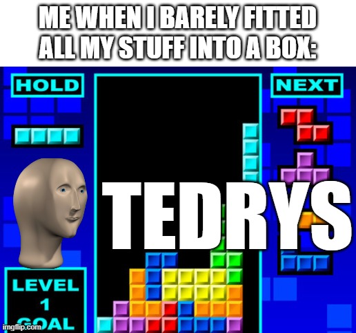 Tetris | ME WHEN I BARELY FITTED ALL MY STUFF INTO A BOX:; TEDRYS | image tagged in tetris | made w/ Imgflip meme maker