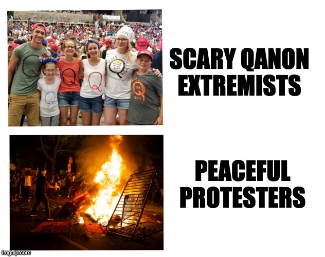 Qanons | SCARY QANON EXTREMISTS; PEACEFUL PROTESTERS | image tagged in qanons | made w/ Imgflip meme maker