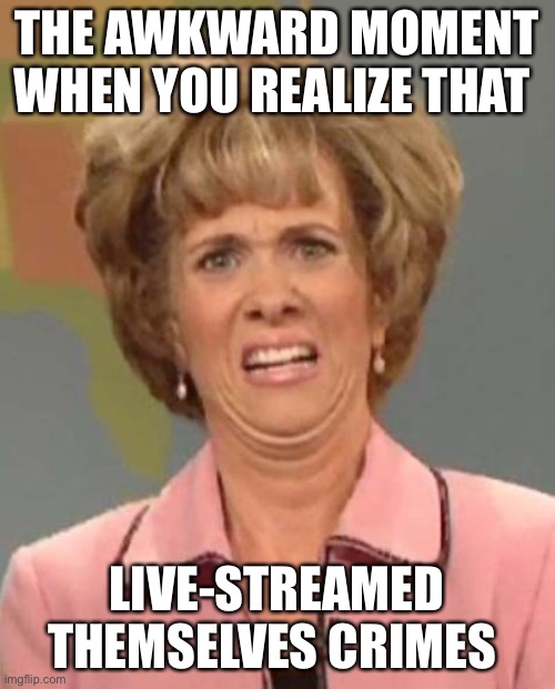 Technological Idiocy | THE AWKWARD MOMENT WHEN YOU REALIZE THAT; LIVE-STREAMED THEMSELVES CRIMES | image tagged in disgusted kristin wiig | made w/ Imgflip meme maker