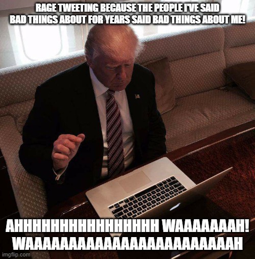 trump computer | RAGE TWEETING BECAUSE THE PEOPLE I'VE SAID BAD THINGS ABOUT FOR YEARS SAID BAD THINGS ABOUT ME! AHHHHHHHHHHHHHHHH WAAAAAAAH! WAAAAAAAAAAAAAAAAAAAAAAAAH | image tagged in trump computer | made w/ Imgflip meme maker