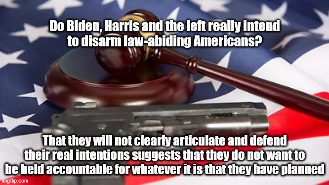 disarming America | Do Biden, Harris and the left really intend
to disarm law-abiding Americans? That they will not clearly articulate and defend their real intentions suggests that they do not want to be held accountable for whatever it is that they have planned | image tagged in gun control | made w/ Imgflip meme maker