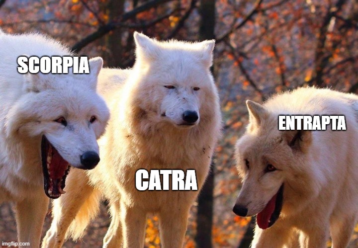 I would like to know the She Ra reboot fans community on Imgflip, so if you understand, plz comment | SCORPIA; ENTRAPTA; CATRA | image tagged in 2/3 wolves laugh | made w/ Imgflip meme maker