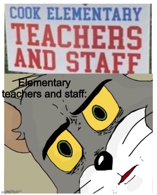 Cook teachers and staff | Elementary teachers and staff: | image tagged in unsettled tom | made w/ Imgflip meme maker