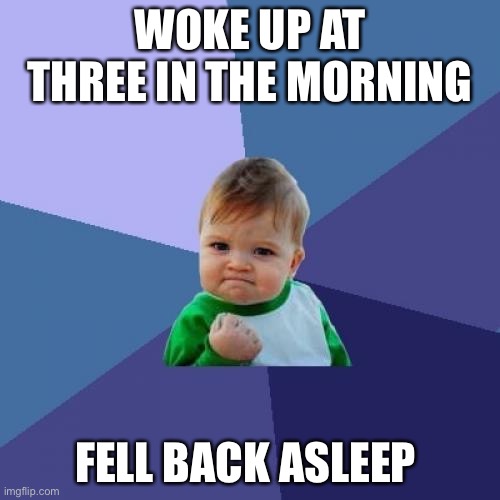 Success Kid | WOKE UP AT THREE IN THE MORNING; FELL BACK ASLEEP | image tagged in memes,success kid | made w/ Imgflip meme maker