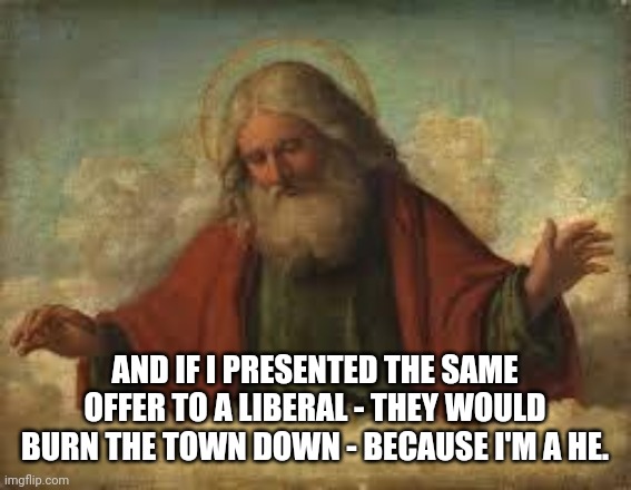 god | AND IF I PRESENTED THE SAME OFFER TO A LIBERAL - THEY WOULD BURN THE TOWN DOWN - BECAUSE I'M A HE. | image tagged in god | made w/ Imgflip meme maker