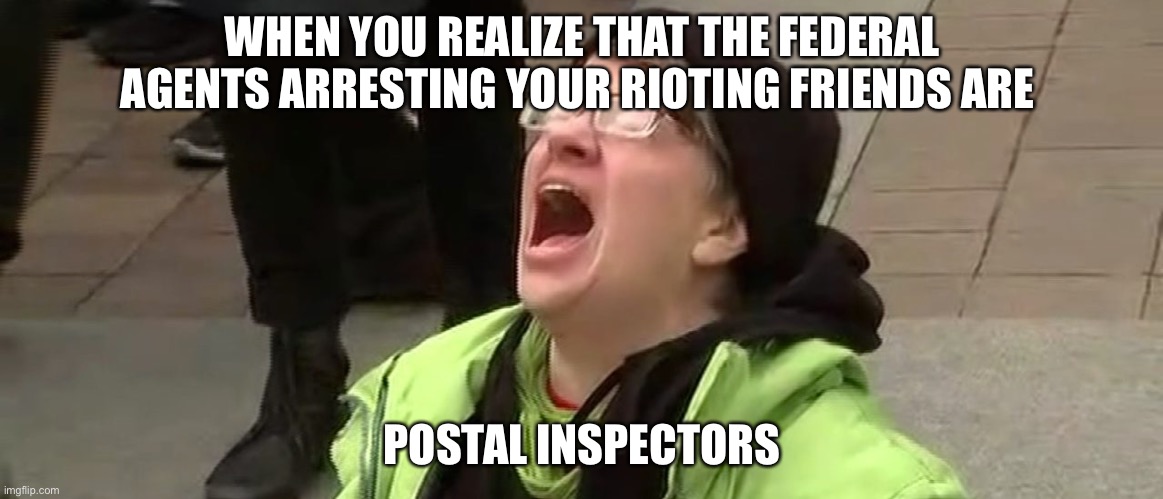 Postal inspector | WHEN YOU REALIZE THAT THE FEDERAL AGENTS ARRESTING YOUR RIOTING FRIENDS ARE; POSTAL INSPECTORS | image tagged in triggered liberal,antifa,blm,usps,trump | made w/ Imgflip meme maker