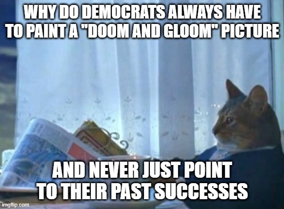 Cat newspaper | WHY DO DEMOCRATS ALWAYS HAVE TO PAINT A "DOOM AND GLOOM" PICTURE; AND NEVER JUST POINT TO THEIR PAST SUCCESSES | image tagged in cat newspaper | made w/ Imgflip meme maker