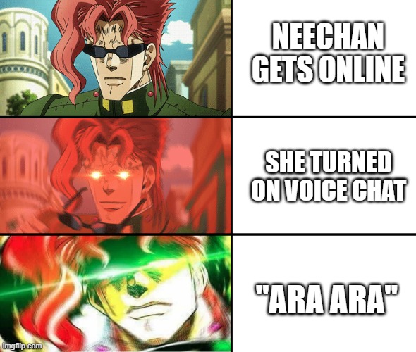 Meh | NEECHAN GETS ONLINE; SHE TURNED ON VOICE CHAT; "ARA ARA" | image tagged in jojo's bizarre adventure | made w/ Imgflip meme maker