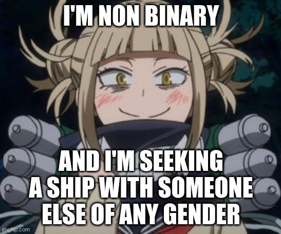 himiko toga | I'M NON BINARY; AND I'M SEEKING A SHIP WITH SOMEONE ELSE OF ANY GENDER | image tagged in himiko toga | made w/ Imgflip meme maker