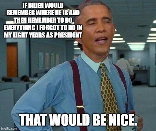 DNC platform in one statement. | IF BIDEN WOULD REMEMBER WHERE HE IS AND THEN REMEMBER TO DO EVERYTHING I FORGOT TO DO IN MY EIGHT YEARS AS PRESIDENT; THAT WOULD BE NICE. | image tagged in obama,joe biden,politics,political meme | made w/ Imgflip meme maker