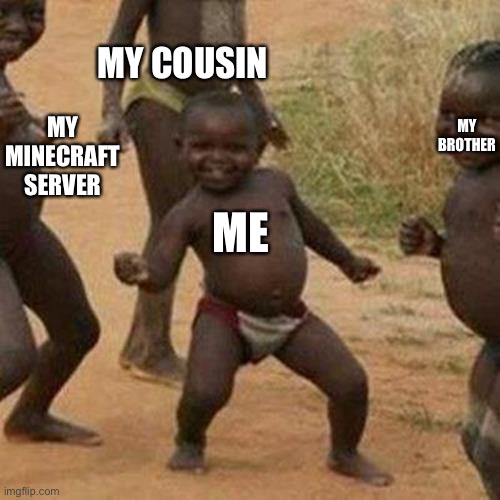 Minecraft with me and my cousin and brother | MY COUSIN; MY BROTHER; MY MINECRAFT SERVER; ME | image tagged in memes,third world success kid | made w/ Imgflip meme maker