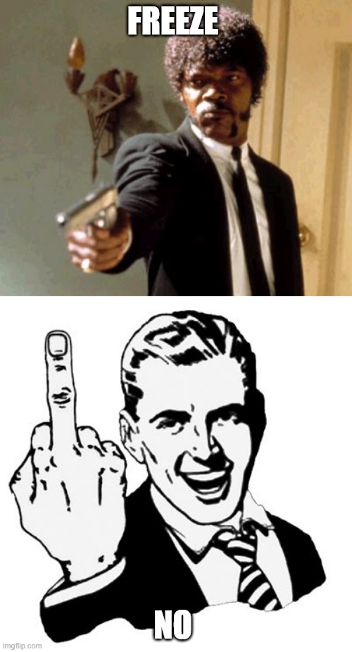 FREEZE; NO | image tagged in memes,1950s middle finger,say that again i dare you | made w/ Imgflip meme maker