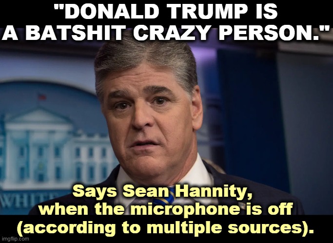 If Hannity says Trump is batshit crazy, that's good enough for me. | "DONALD TRUMP IS A BATSHIT CRAZY PERSON."; Says Sean Hannity, 
when the microphone is off
(according to multiple sources). | image tagged in sean hannity,trump,bat,crazy,delusional | made w/ Imgflip meme maker