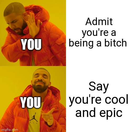 By you I mean mason | Admit you're a being a bitch; YOU; Say you're cool and epic; YOU | image tagged in memes,drake hotline bling | made w/ Imgflip meme maker