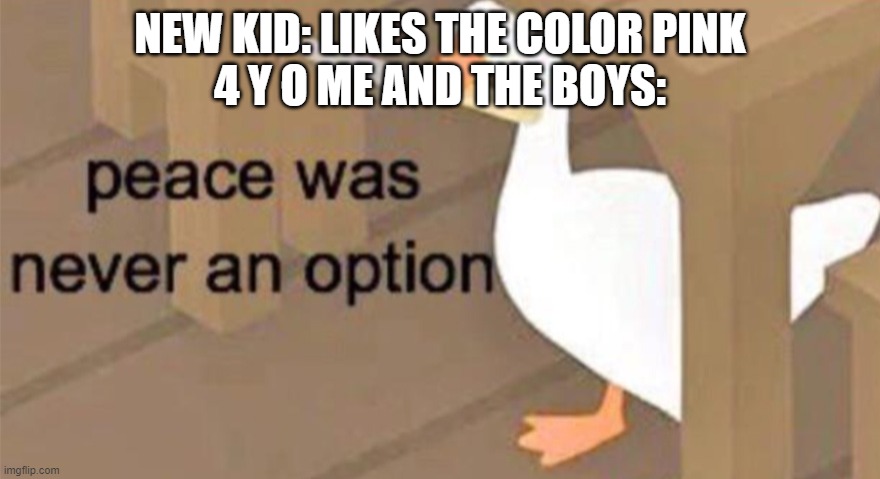Untitled Goose Peace Was Never an Option | NEW KID: LIKES THE COLOR PINK
4 Y O ME AND THE BOYS: | image tagged in untitled goose peace was never an option | made w/ Imgflip meme maker