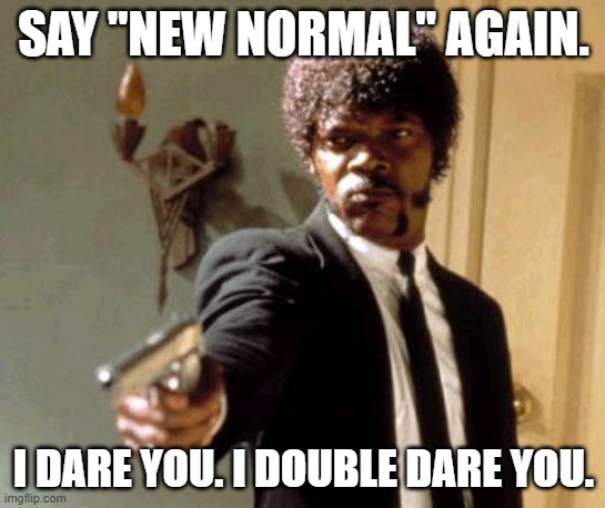 Hardly the first time this has been done, but anyway... | SAY "NEW NORMAL" AGAIN. I DARE YOU. I DOUBLE DARE YOU. | image tagged in memes,say that again i dare you | made w/ Imgflip meme maker