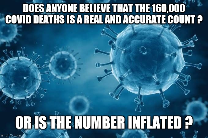 DOES ANYONE BELIEVE THAT THE 160,000 COVID DEATHS IS A REAL AND ACCURATE COUNT ? OR IS THE NUMBER INFLATED ? | made w/ Imgflip meme maker