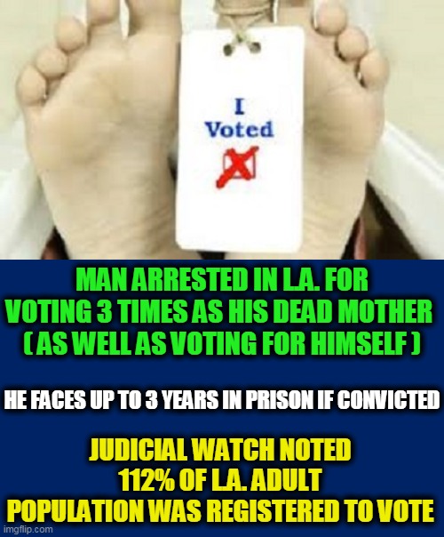 No Voter Fraud? | MAN ARRESTED IN L.A. FOR VOTING 3 TIMES AS HIS DEAD MOTHER 
( AS WELL AS VOTING FOR HIMSELF ); HE FACES UP TO 3 YEARS IN PRISON IF CONVICTED; JUDICIAL WATCH NOTED 112% OF L.A. ADULT POPULATION WAS REGISTERED TO VOTE | image tagged in politics,political meme,election 2020,vote,corruption,fraud | made w/ Imgflip meme maker