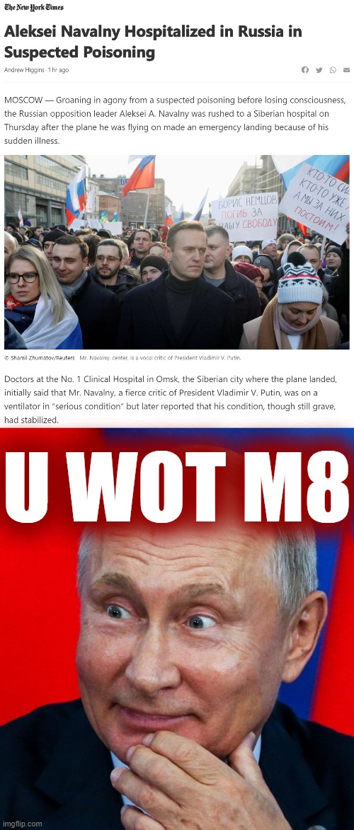 I'm sure no one in the world is more saddened and devastated to hear of this unfortunate turn of events | U WOT M8 | image tagged in putin surprised,putin,vladimir putin,poison,assassination,russia | made w/ Imgflip meme maker
