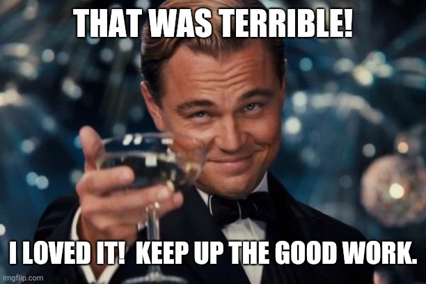 Leonardo Dicaprio Cheers Meme | THAT WAS TERRIBLE! I LOVED IT!  KEEP UP THE GOOD WORK. | image tagged in memes,leonardo dicaprio cheers | made w/ Imgflip meme maker