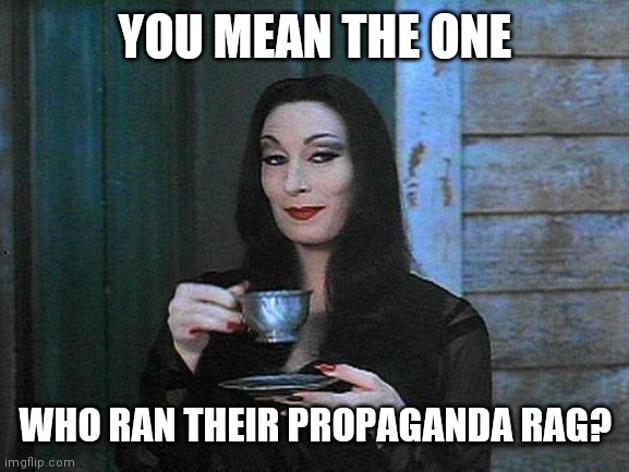 Morticia drinking tea | YOU MEAN THE ONE WHO RAN THEIR PROPAGANDA RAG? | image tagged in morticia drinking tea | made w/ Imgflip meme maker