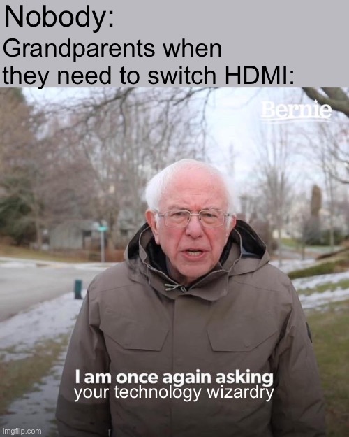 Bernie I Am Once Again Asking For Your Support Meme | Nobody:; Grandparents when they need to switch HDMI:; your technology wizardry | image tagged in memes,bernie i am once again asking for your support | made w/ Imgflip meme maker