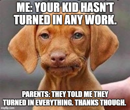 Teachers are wrong | ME: YOUR KID HASN'T TURNED IN ANY WORK. PARENTS: THEY TOLD ME THEY TURNED IN EVERYTHING. THANKS THOUGH. | image tagged in frustrated dog | made w/ Imgflip meme maker