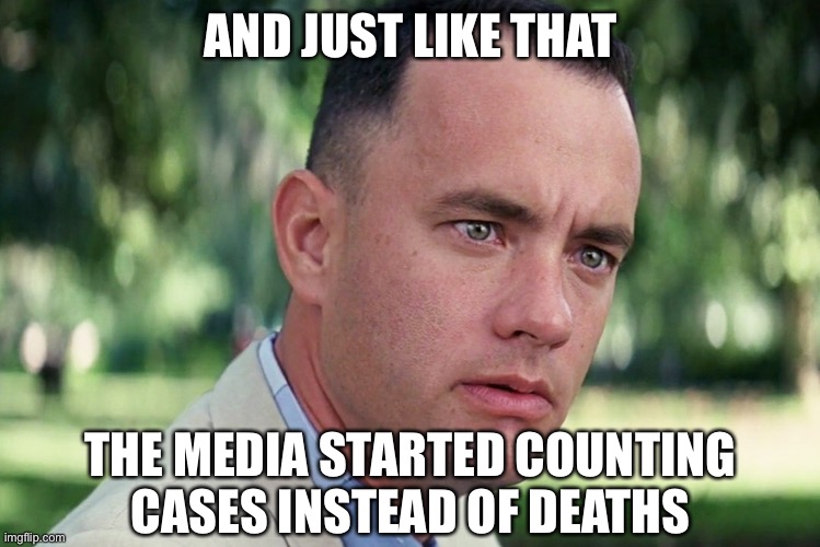 Just 15 days to slow the spread.... | AND JUST LIKE THAT; THE MEDIA STARTED COUNTING CASES INSTEAD OF DEATHS | image tagged in covidiots,china virus | made w/ Imgflip meme maker