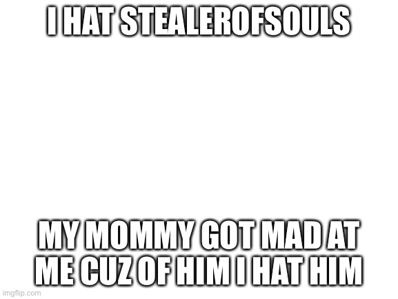 mean | I HAT STEALEROFSOULS; MY MOMMY GOT MAD AT ME CUZ OF HIM I HAT HIM | image tagged in blank white template | made w/ Imgflip meme maker