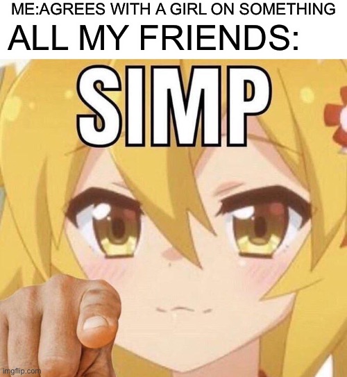 Eh, felt like it | ME:AGREES WITH A GIRL ON SOMETHING; ALL MY FRIENDS: | image tagged in blank white template,simp,memes | made w/ Imgflip meme maker