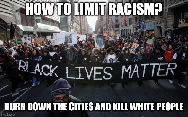 rioters | HOW TO LIMIT RACISM? BURN DOWN THE CITIES AND KILL WHITE PEOPLE | image tagged in black lives matter,rioters,liberals | made w/ Imgflip meme maker