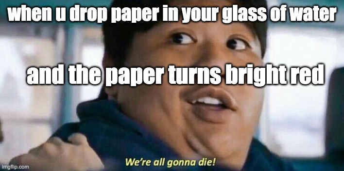 We're all gonna die | when u drop paper in your glass of water; and the paper turns bright red | image tagged in we're all gonna die | made w/ Imgflip meme maker