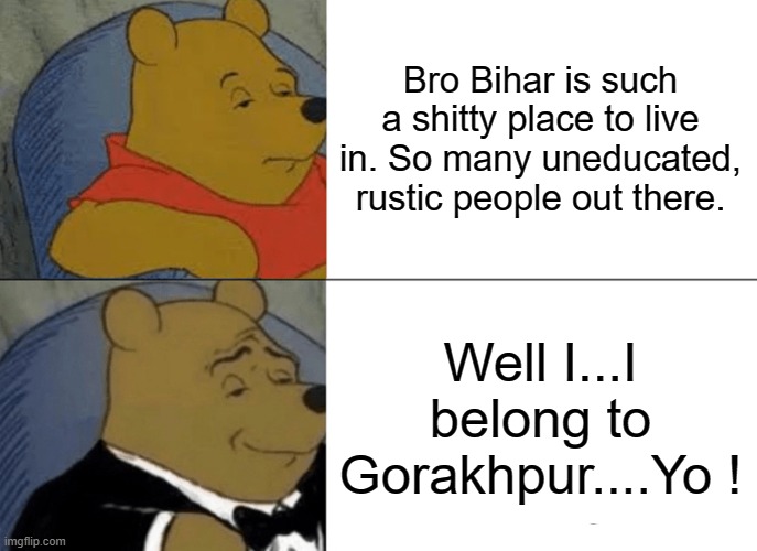 Tuxedo Winnie The Pooh Meme | Bro Bihar is such a shitty place to live in. So many uneducated, rustic people out there. Well I...I belong to Gorakhpur....Yo ! | image tagged in memes,tuxedo winnie the pooh | made w/ Imgflip meme maker