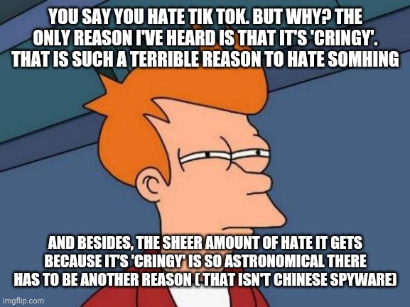 Futurama Fry Meme | YOU SAY YOU HATE TIK TOK. BUT WHY? THE ONLY REASON I'VE HEARD IS THAT IT'S 'CRINGY'. THAT IS SUCH A TERRIBLE REASON TO HATE SOMHING; AND BESIDES, THE SHEER AMOUNT OF HATE IT GETS BECAUSE IT'S 'CRINGY' IS SO ASTRONOMICAL THERE HAS TO BE ANOTHER REASON ( THAT ISN'T CHINESE SPYWARE) | image tagged in memes,futurama fry | made w/ Imgflip meme maker