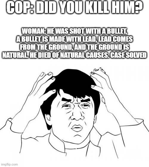 Big Brain Moment | COP: DID YOU KILL HIM? WOMAN: HE WAS SHOT WITH A BULLET, A BULLET IS MADE WITH LEAD, LEAD COMES FROM THE GROUND, AND THE GROUND IS NATURAL. HE DIED OF NATURAL CAUSES. CASE SOLVED | image tagged in memes,funny | made w/ Imgflip meme maker