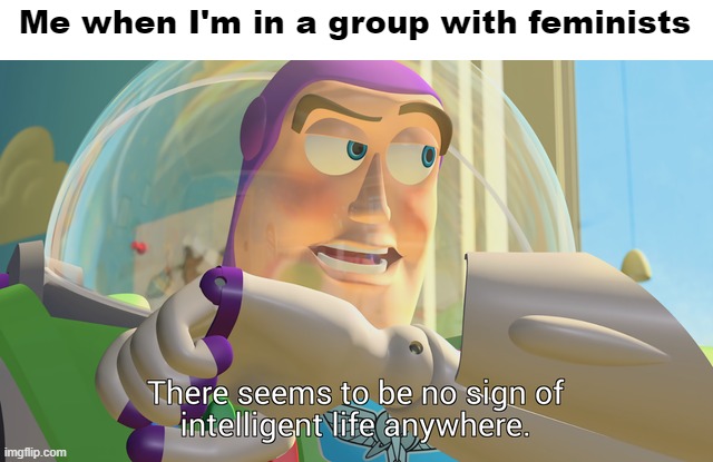 Me when I'm in a group with feminists | image tagged in there seems to be no sign of intelligent life anywhere | made w/ Imgflip meme maker