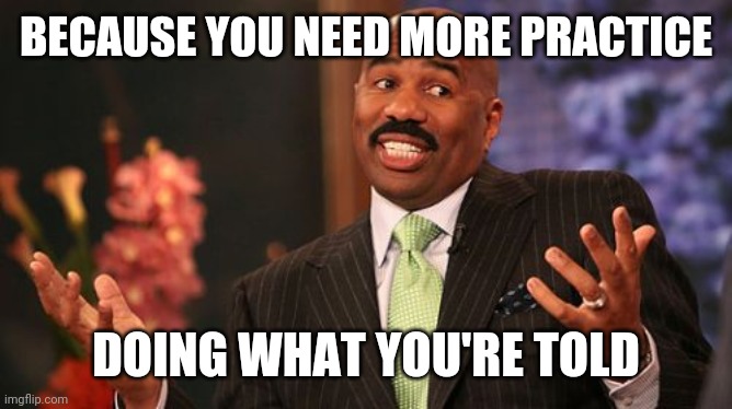 Steve Harvey Meme | BECAUSE YOU NEED MORE PRACTICE DOING WHAT YOU'RE TOLD | image tagged in memes,steve harvey | made w/ Imgflip meme maker