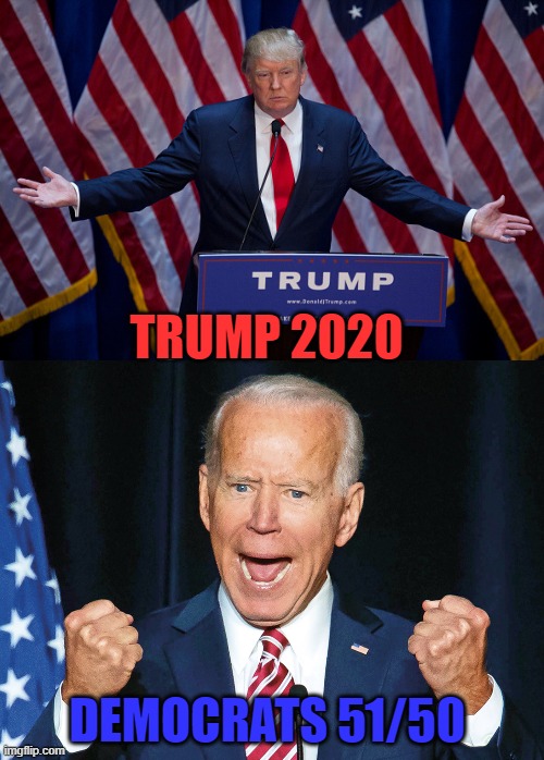 TRUMP 2020; DEMOCRATS 51/50 | image tagged in donald trump,crazy joe biden | made w/ Imgflip meme maker