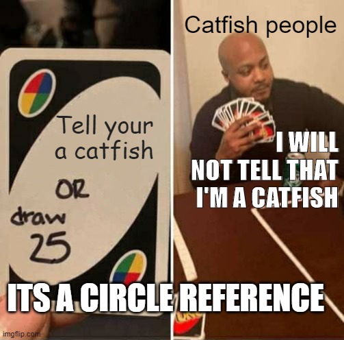 UNO Draw 25 Cards | Catfish people; Tell your a catfish; I WILL NOT TELL THAT I'M A CATFISH; ITS A CIRCLE REFERENCE | image tagged in memes,uno draw 25 cards | made w/ Imgflip meme maker