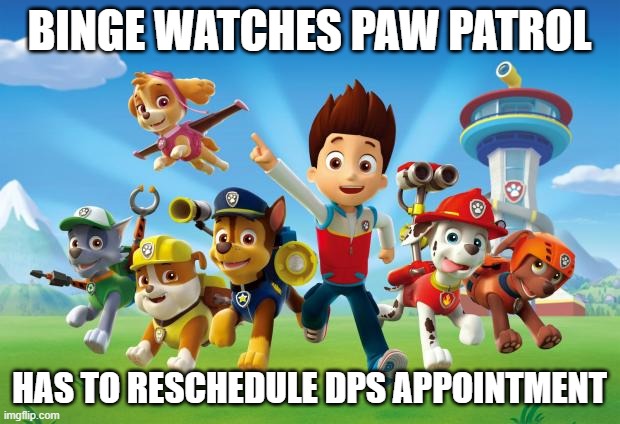 Paw Patrol  | BINGE WATCHES PAW PATROL; HAS TO RESCHEDULE DPS APPOINTMENT | image tagged in paw patrol | made w/ Imgflip meme maker