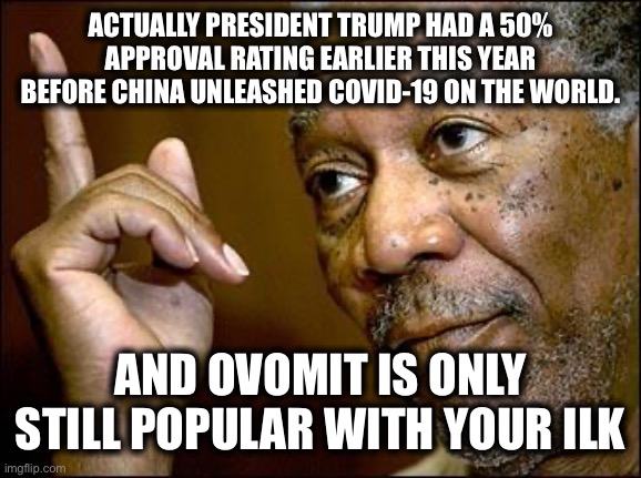 This Morgan Freeman | ACTUALLY PRESIDENT TRUMP HAD A 50% APPROVAL RATING EARLIER THIS YEAR BEFORE CHINA UNLEASHED COVID-19 ON THE WORLD. AND OVOMIT IS ONLY STILL  | image tagged in this morgan freeman | made w/ Imgflip meme maker